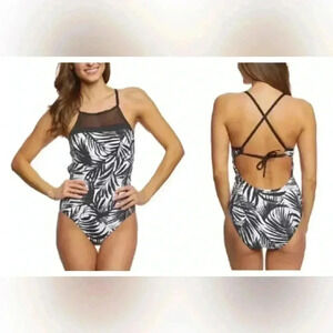 LAUREN RALPH LAUREN Palm Print One Piece Swimsuit black white high neck size 12